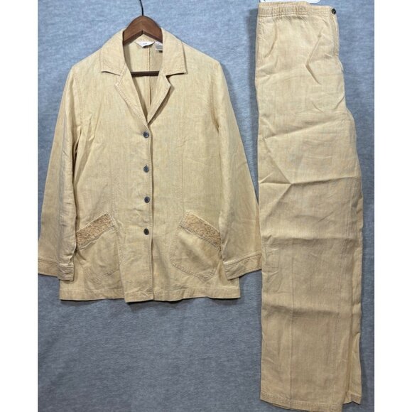 J Jill Womens Blazer Pants Set Size  M 12 Beige Yellow 100% Linen Lagenlook - Picture 1 of 10